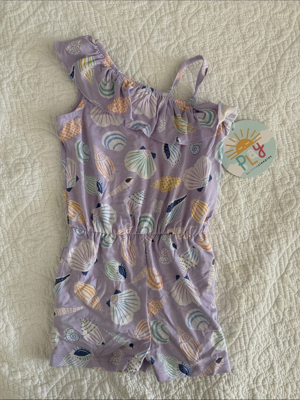 Little Sleepies Lavender Shell-Print Girls' One-Shoulder Bamboo Romper